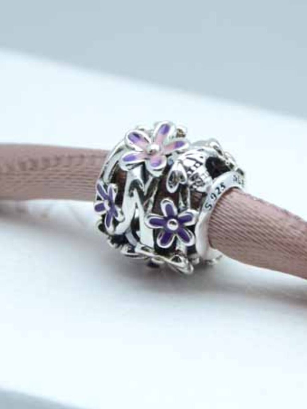 Pandora Openwork Purple Daisy Bead Charm S925 Silver Bracelet Pendant Jewelry